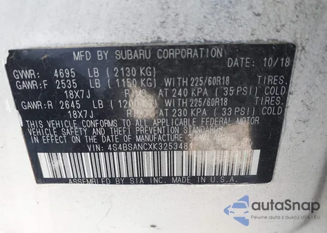 2019 Subaru Outback 2.5I Limited from USA, damaged, VIN 4S4BSANCXK3253481